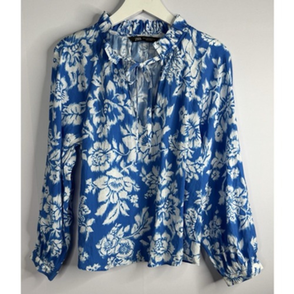 Zara Women's Top Womens Sz XS Tropical Blue Floral Peasant Hawaiian Resortwear